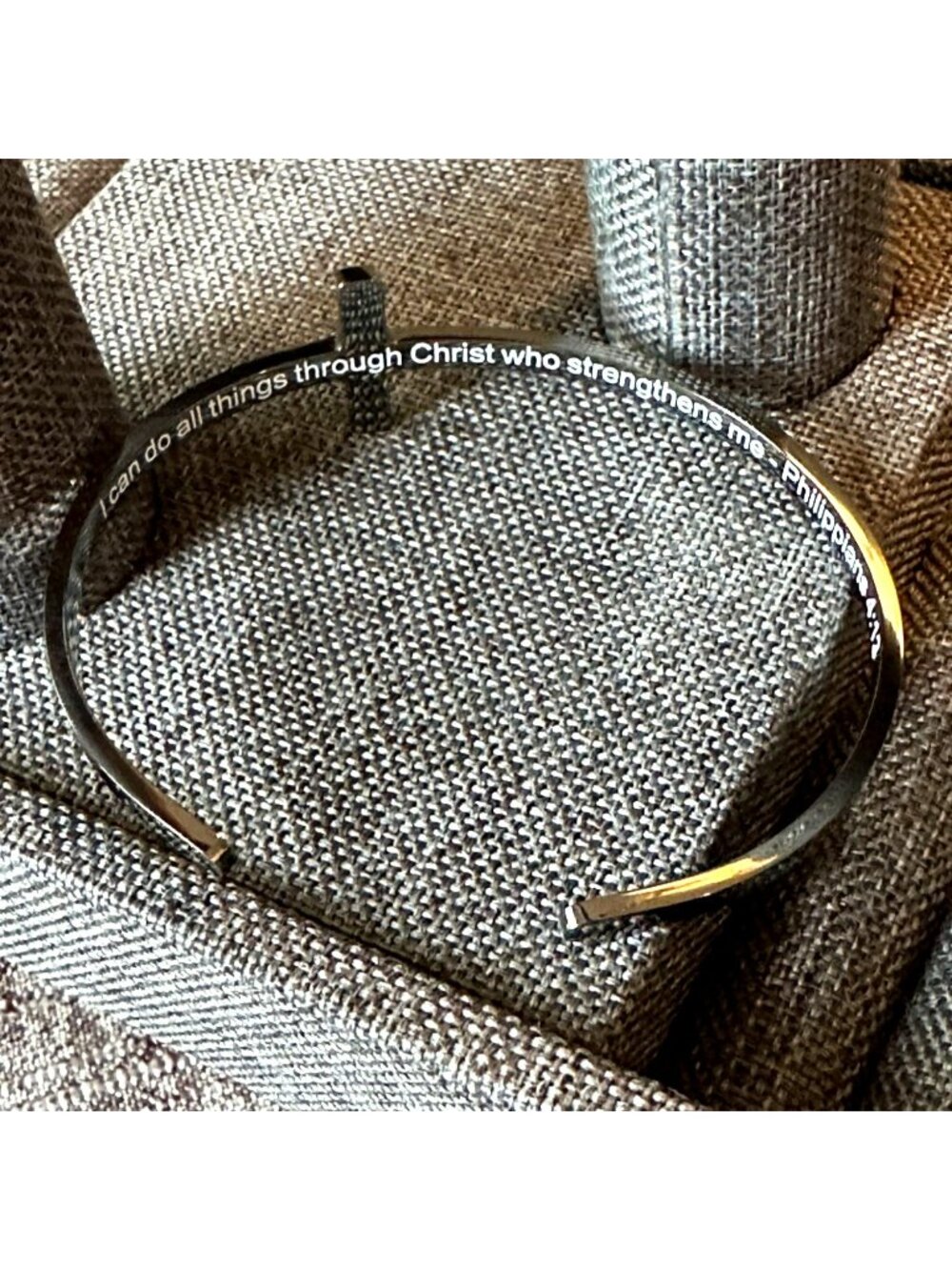 Cross Cuff Bracelet Stainless Steel Hematite Finish Philippians 4:13 Scripture - Picture 4 of 4